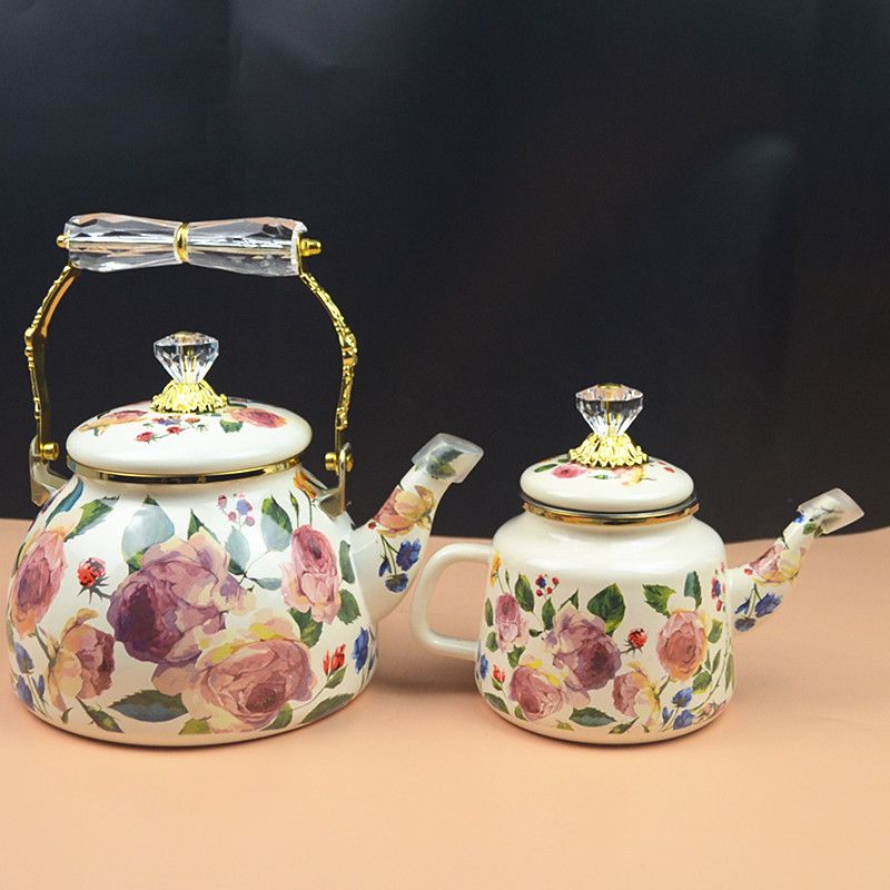Vintage Coffee Equipment - Vintage yağlıboya gül emaye su ısıtıcısı